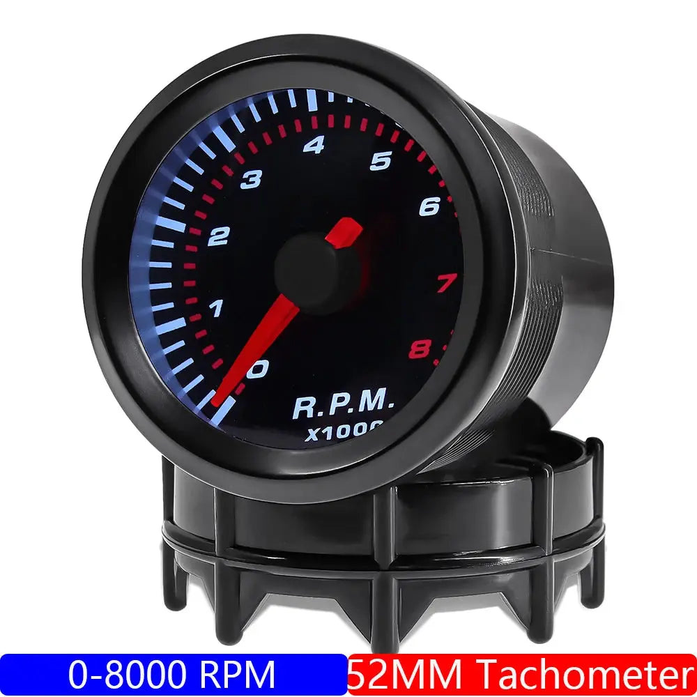 Simples Market 52mm tachometer gauge for petrol racing cars, black housing with blue and red dial, 0–8000 RPM