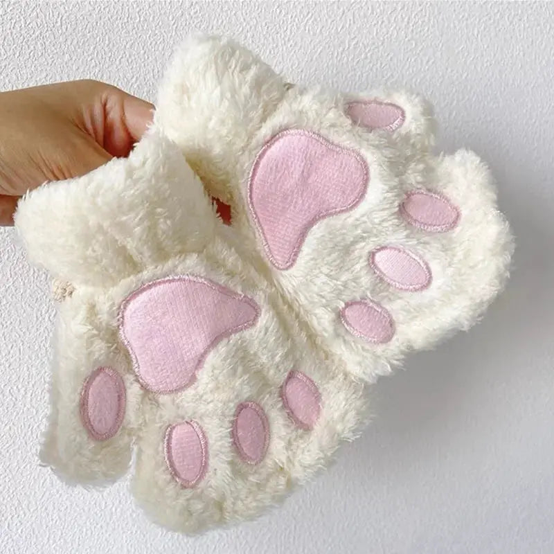 Cartoon Cute Cat Claw Paw Gloves Women Plush Mittens Warm Soft Short Fingerless Fluffy Bear Cat Gloves Costume