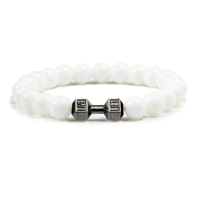 Natural Volcanic Stone Bracelet For Men And Women Matte Black Lava White Beads Dumbbell Charm Strand Fitness Jewelry
