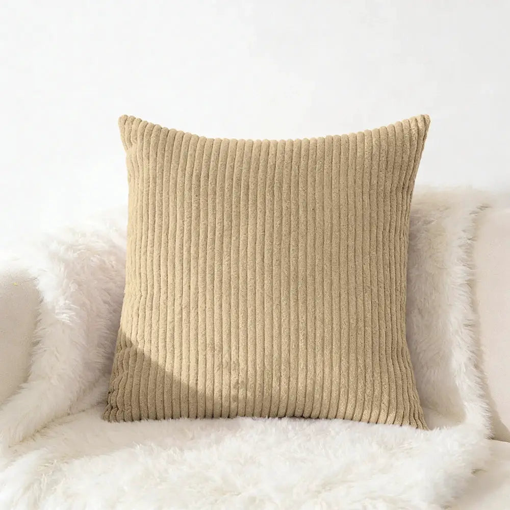 Corduroy pillow cover beige with vertical ribbed texture, 40x40 cm square for sofa decor