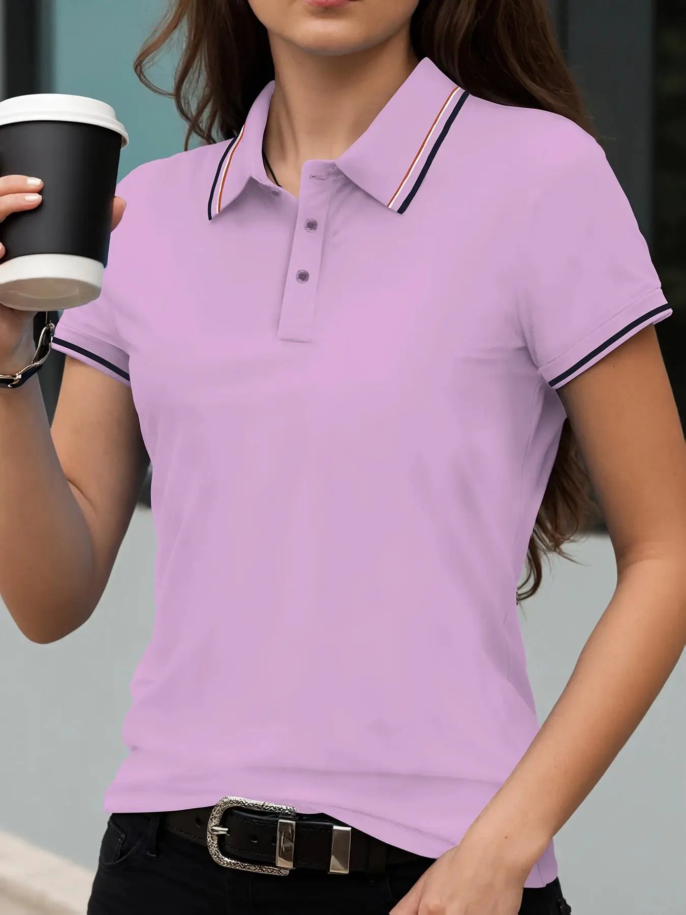 Women Summer Solid Color Stripe Polo Shirt Short Sleeve Streetwear