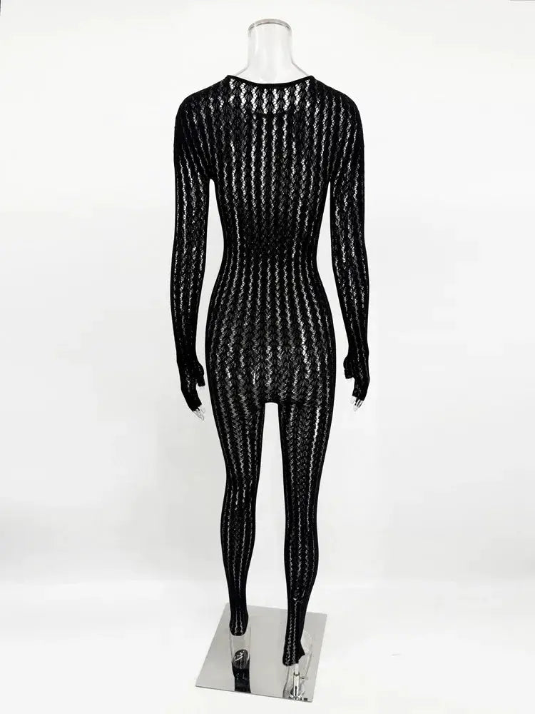Tossy see-through black lace jumpsuit for women; long-sleeve full-body romper on mannequin