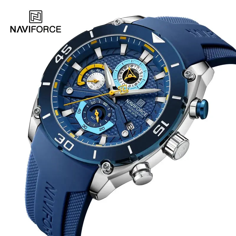 NAVIFORCE sport watch for men with blue silicone strap, blue stainless steel case, chronograph, and luminous dial.