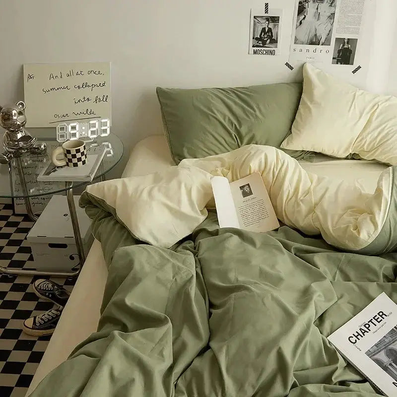 Bedding set, solid-color double-washed cotton, 4-piece dorm room duvet cover and sheets in sage green and ivory.