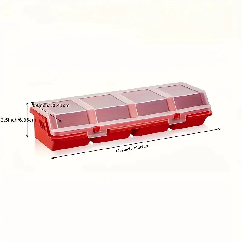 Simples Market red multi-compartment organizer for screws and small parts; durable plastic with clear lids.