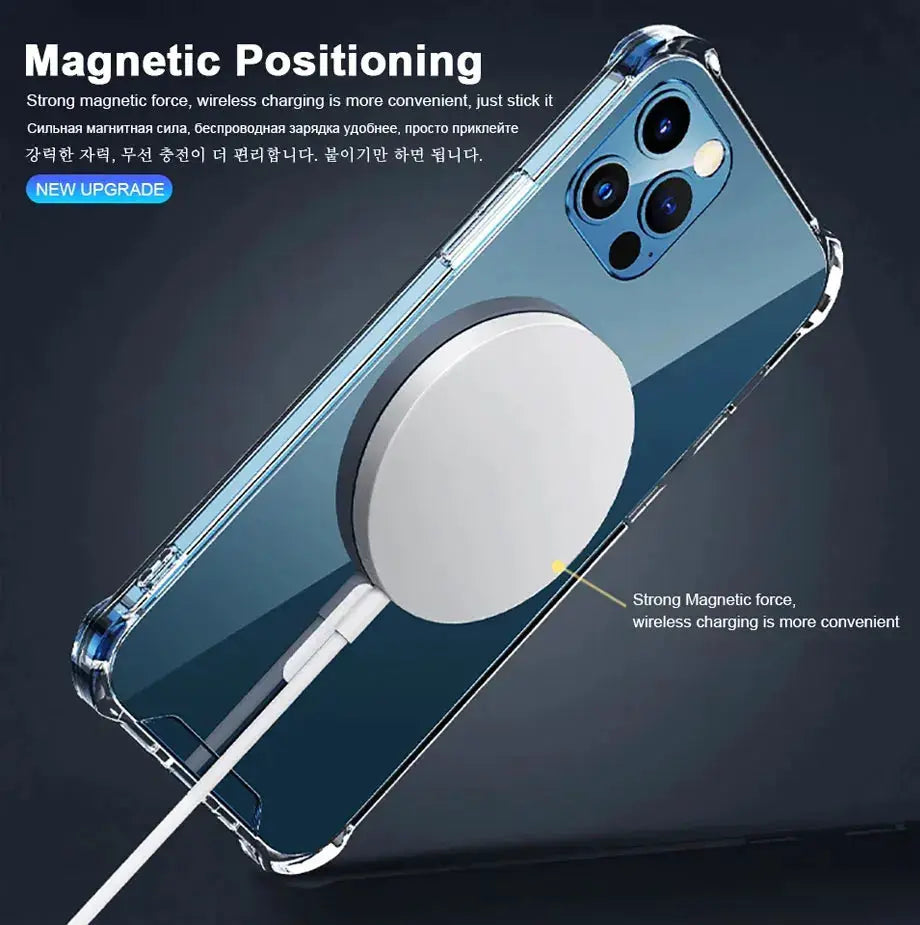 Simples Market Luxury MagSafe wireless charger for iPhone with transparent shockproof bumper case, fits iPhone 11–16 Pro Max.