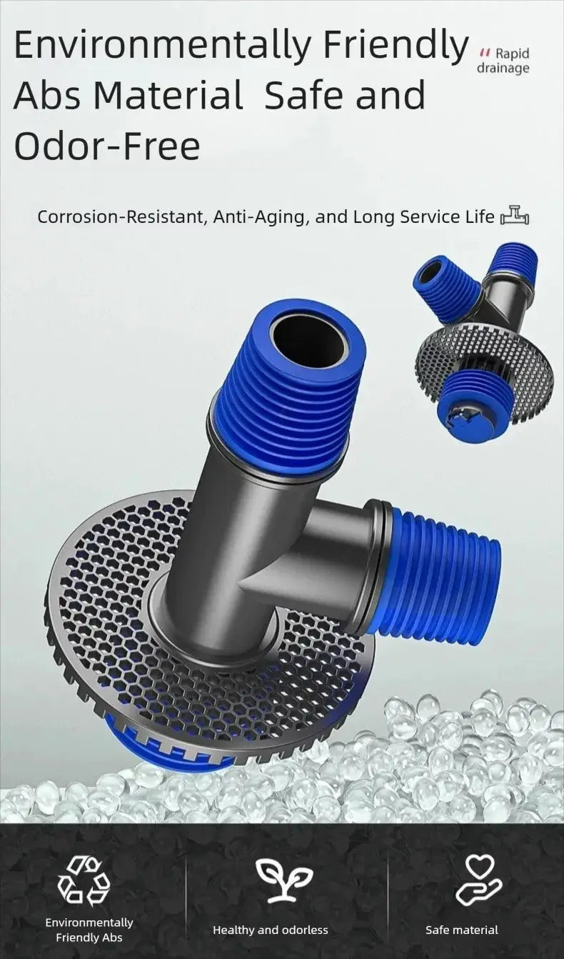 Universal washing machine floor drain connector with blue hose adapters and metal mesh strainer