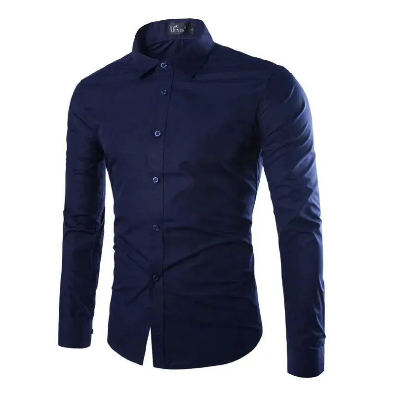 Men's navy blue solid long-sleeve shirt, button-front casual style by Simples Market.