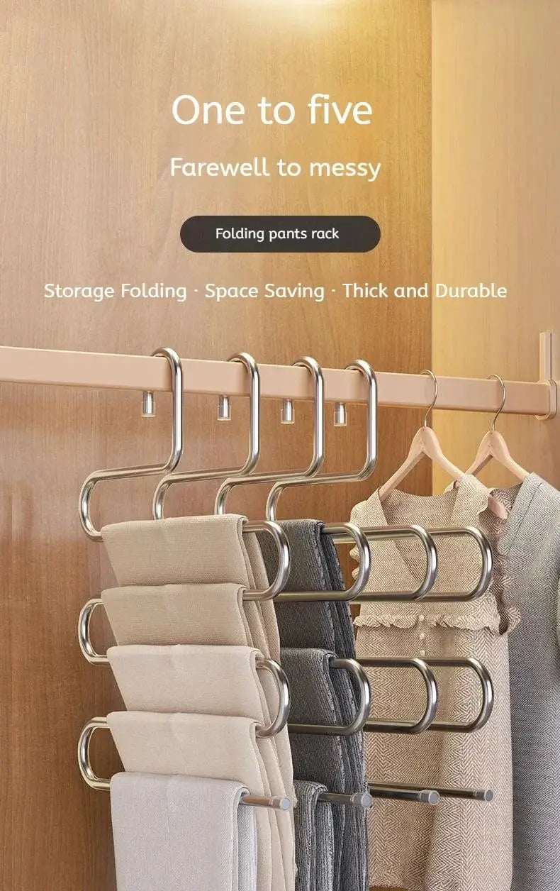 5-layer folding pants rack with silver metal bars and non-slip hangers, holding beige and gray clothes