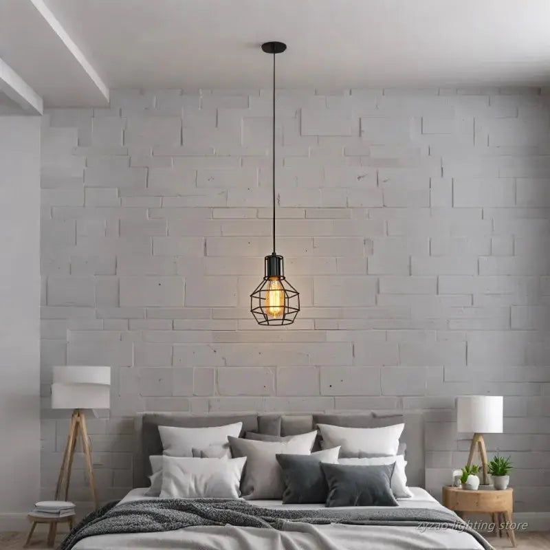 Industrial retro iron art pendant light by Simples Market, black metal cage with Edison bulb, hanging over bed.