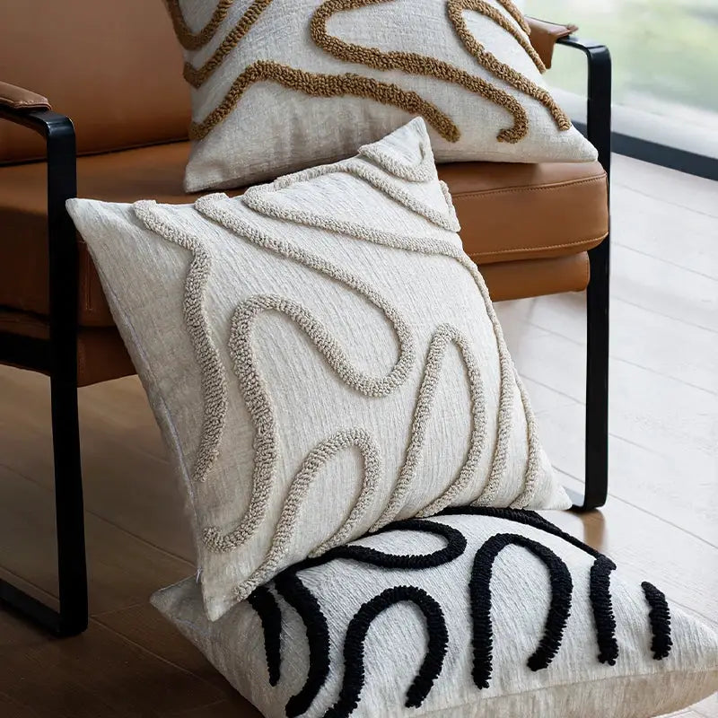 Boho chenille decorative throw pillow covers, set of 3, 45x45 cm, white, beige and black geometric lines