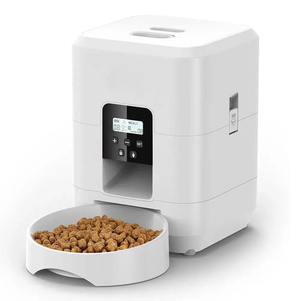 Simples Market white smart pet feeder with digital display and food bowl