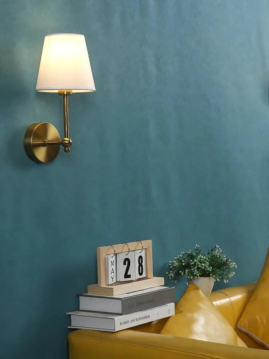 American retro wall lamp with brass finish and white fabric shade