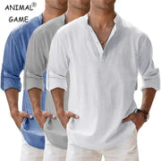Men's Lightweight Long Sleeve Henley Shirts Cotton Linen Blend Breathable Casual Beachwear Tee