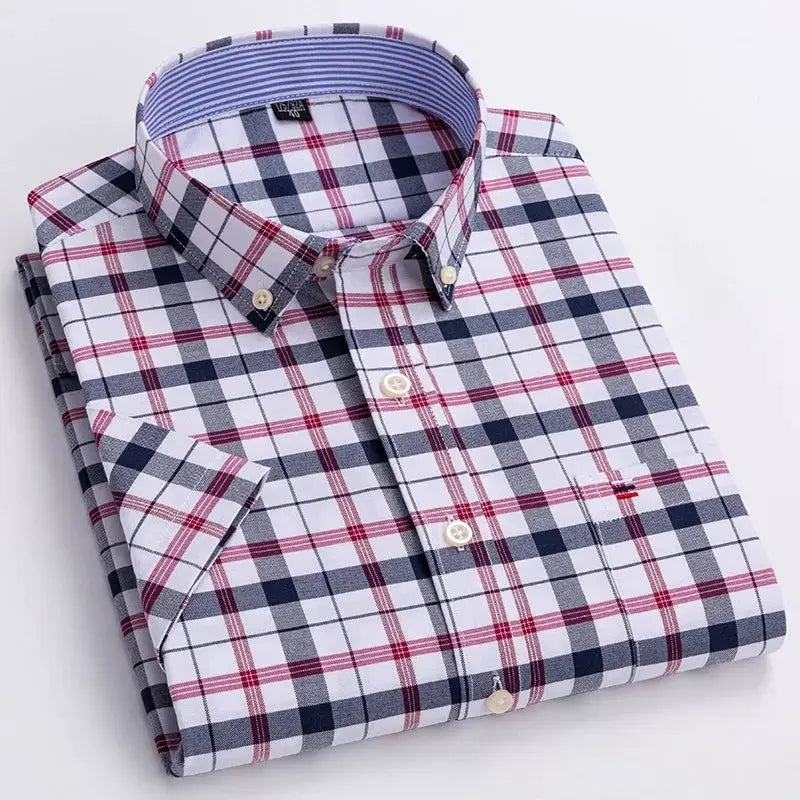 Men's 100% cotton plaid short-sleeve shirt in white with navy and red, button-down collar