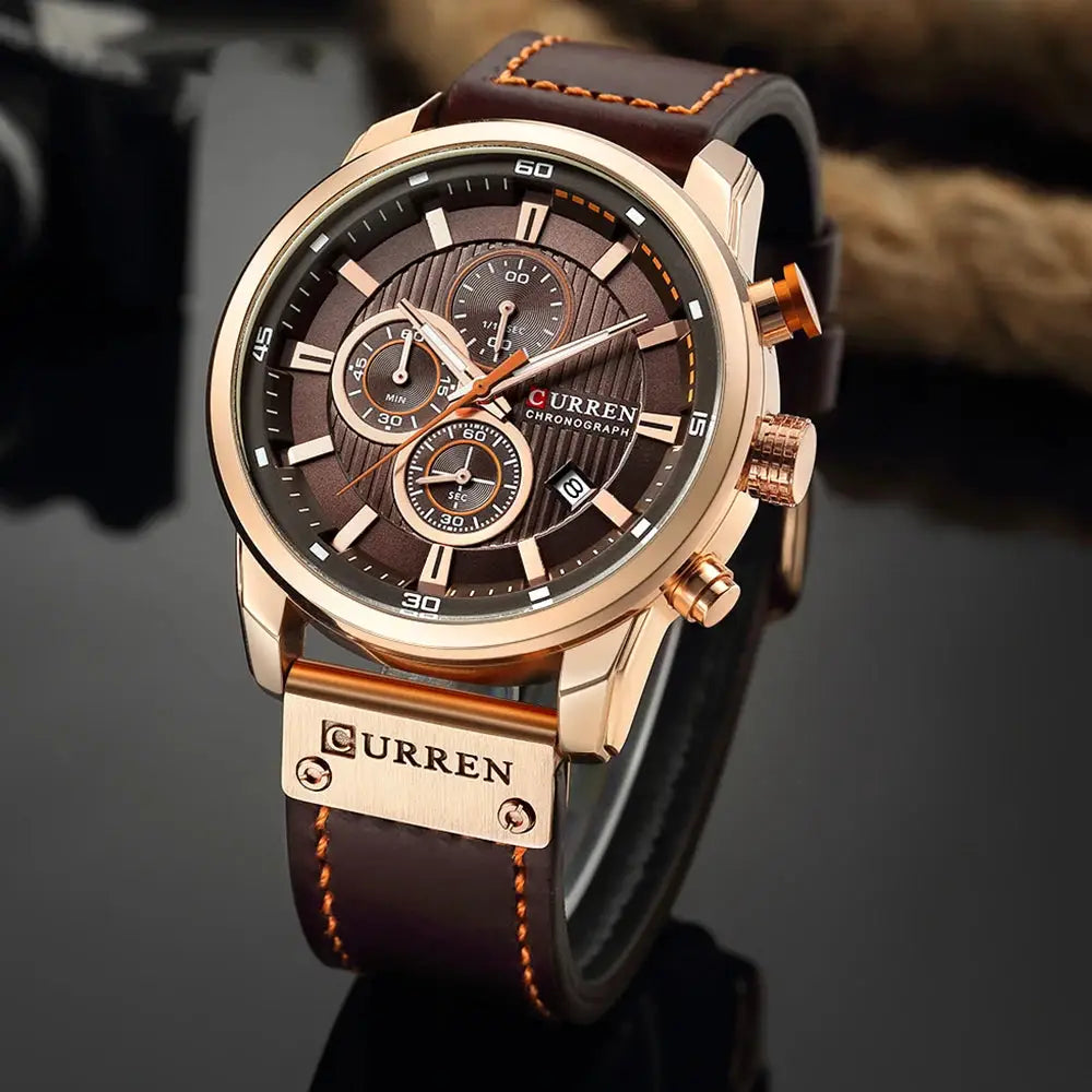 Curren 8291 men's quartz chronograph watch with brown leather strap and rose-gold case