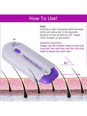 Finishing Touch purple and white electric hair removal shaver; handheld device for facial and body use.