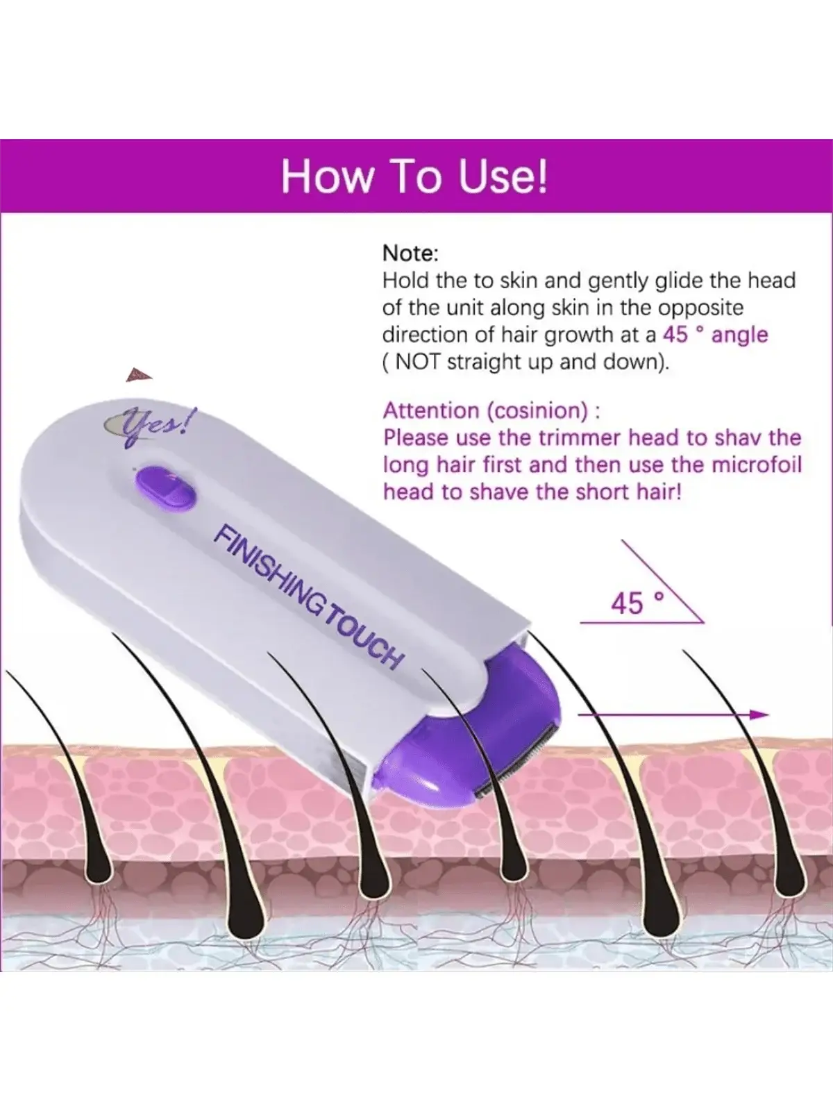 Finishing Touch purple and white electric hair removal shaver; handheld device for facial and body use.