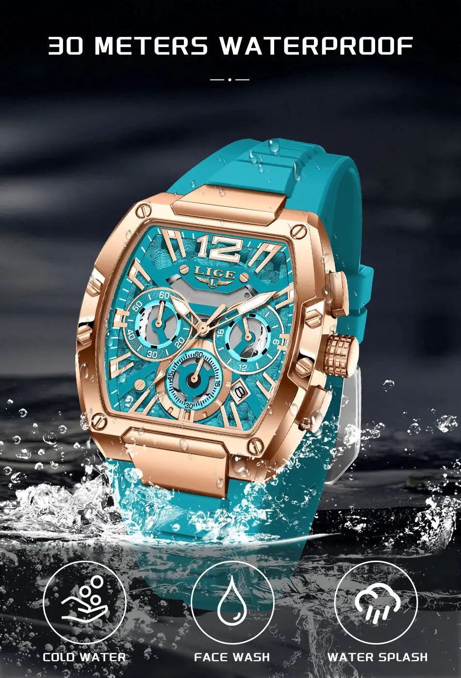 LIGE men's chronograph watch with turquoise dial and turquoise silicone strap in a rose-gold case.