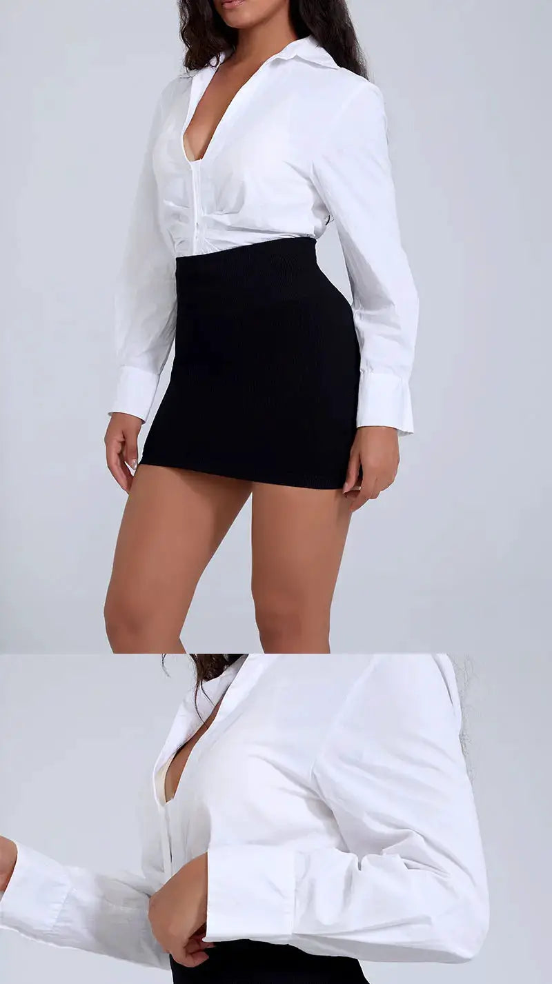 Women's high-waist black knitted mini skirt for work with elastic waist