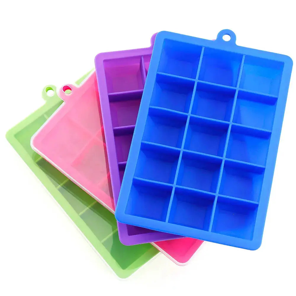 Silicone ice cube mold set of 4 with lids in blue, purple, pink and green; square 15/24-grid trays for drinks