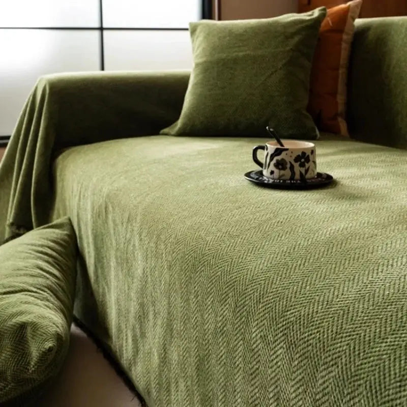 Sofa cover blanket in olive green chenille with tassel edge by Simples Market