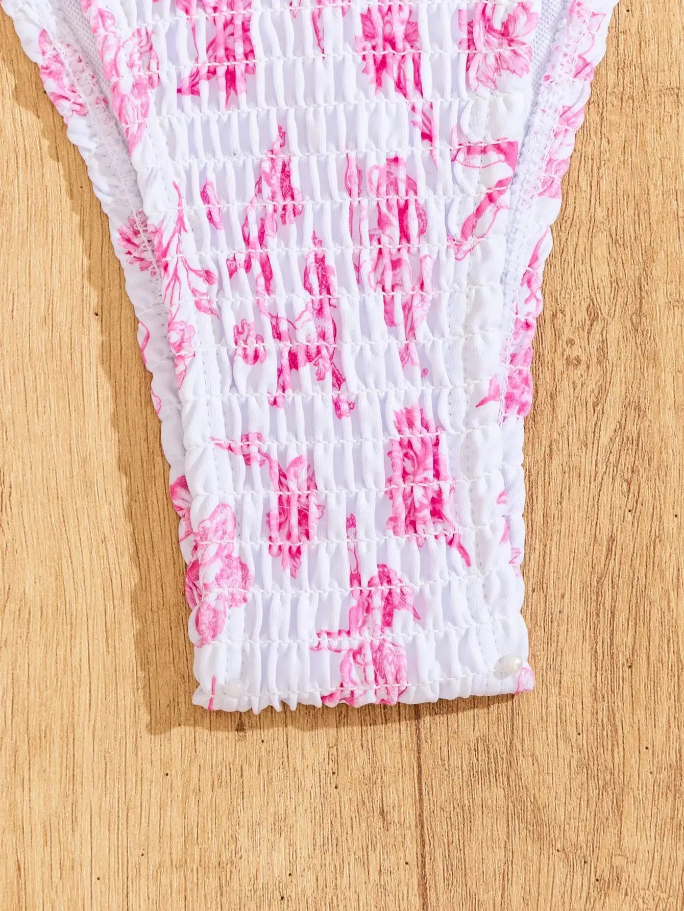 Triangle bikini set in white with pink floral print and smocked ruched fabric