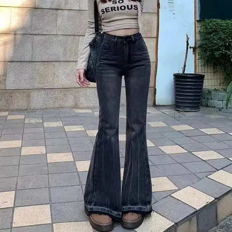Women High Waist Vintage Flare Jeans Bell Bottom Denim Trousers