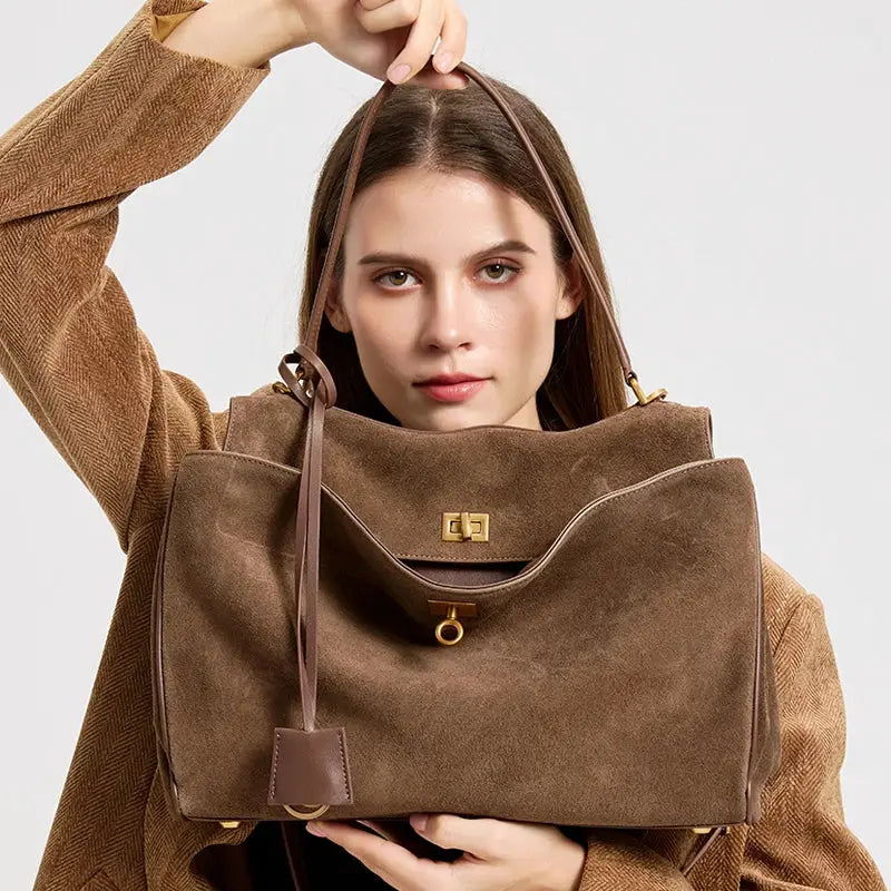 Luxora Autumn Winter Womens Suede Genuine Leather Shoulder Tote Bag Large Capacity Designer Handbag