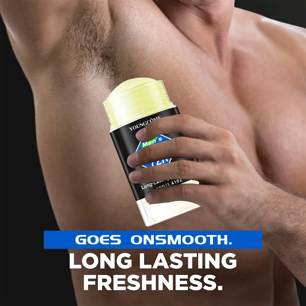 Men's deodorant stick by Simples Market in black packaging with a yellow cap, being applied to the underarm.