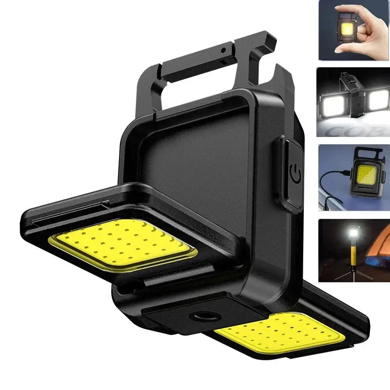 Simples Market mini flashlight keychain with COB work light, USB rechargeable, 90° foldable side lights.