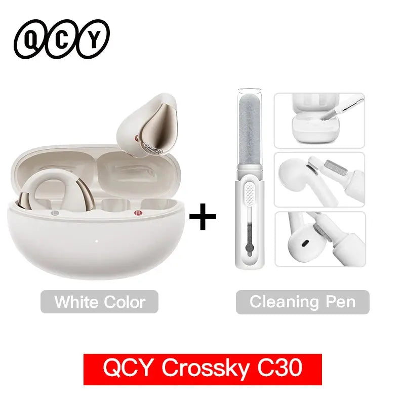 QCY Crossky C30 ear clip earphones in white with charging case and cleaning pen (two-piece set)
