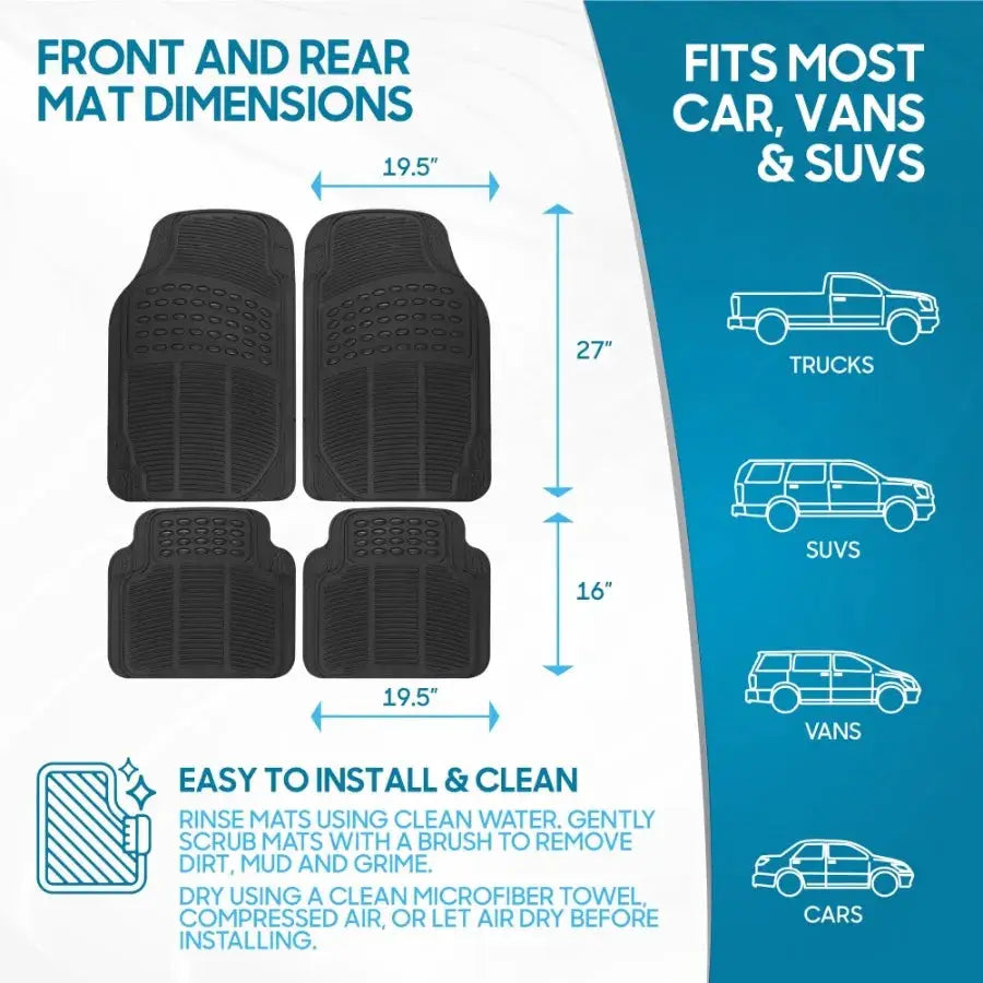 Simples Market black rubber car floor mats, 4-piece front/rear set, anti-slip, trimmable; fits cars, SUVs
