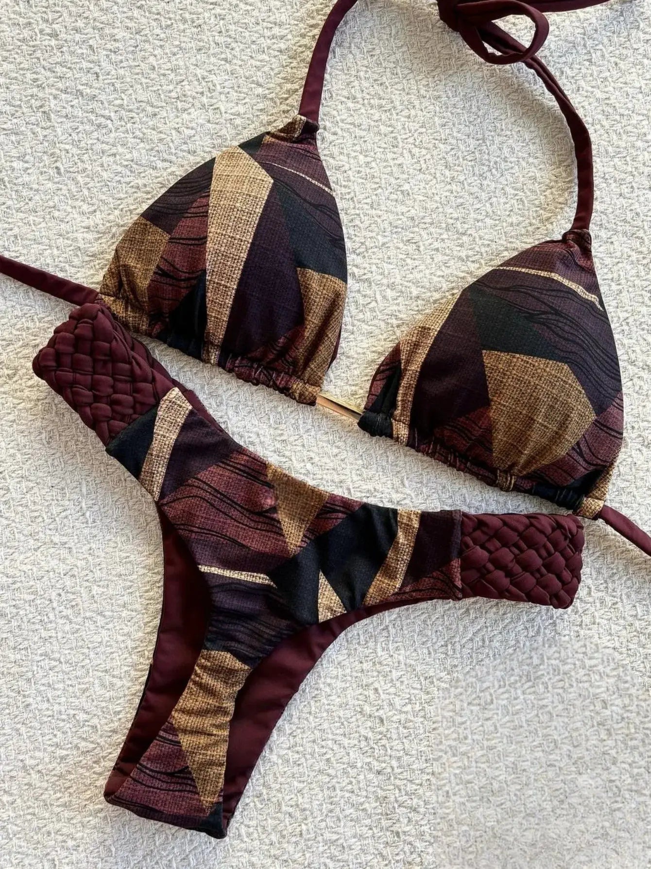 RUOTONSEPT print halter bikini two-piece set with burgundy geometric patchwork triangle top and high-cut bottoms