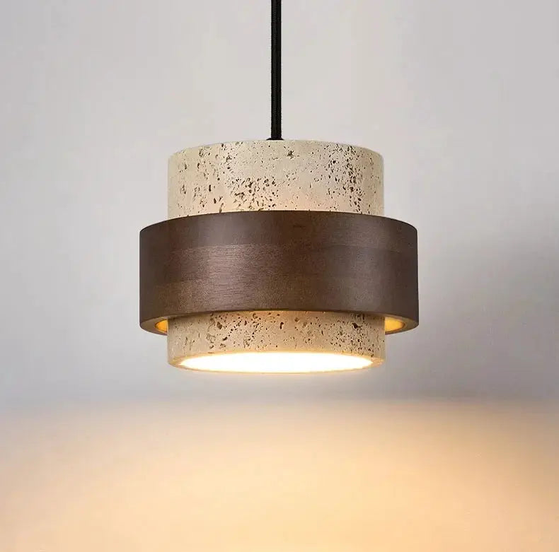 Simples Market pendant lamp in Japanese Wabi Sabi style, beige speckled ceramic with a dark brown band, warm glow
