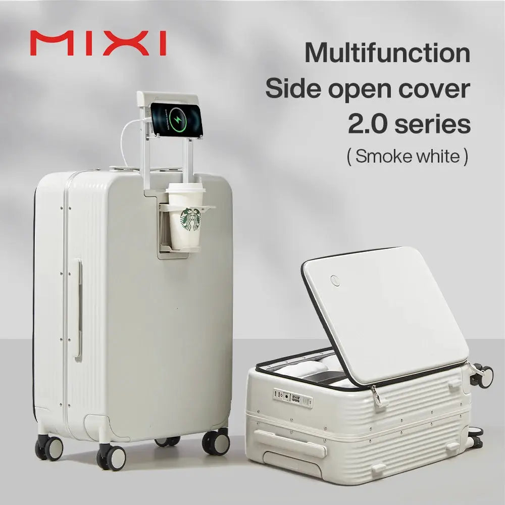 Mixi two-piece white aluminum-frame carry-on luggage set with USB port, cup holder and phone stand (20/24-inch)