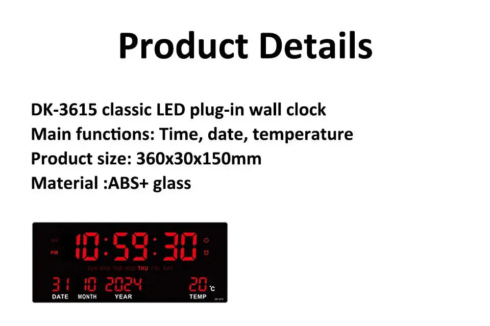 Digital large LED wall clock with red time, date, and temperature display; plug-in ABS+glass