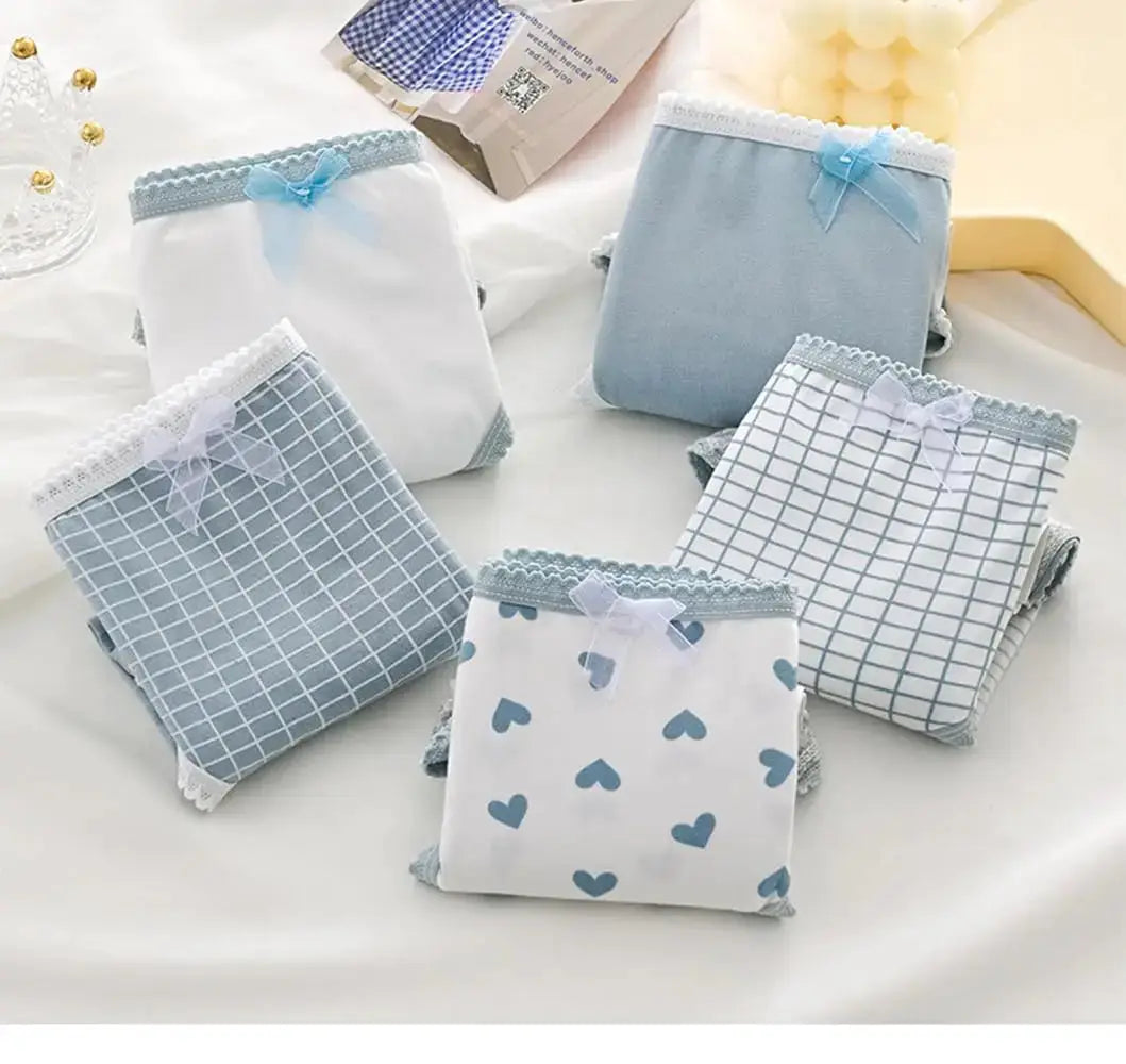 5-pack women's cotton panties briefs set in pastel blue, white and gray with lace trim and bows, featuring heart and grid prints