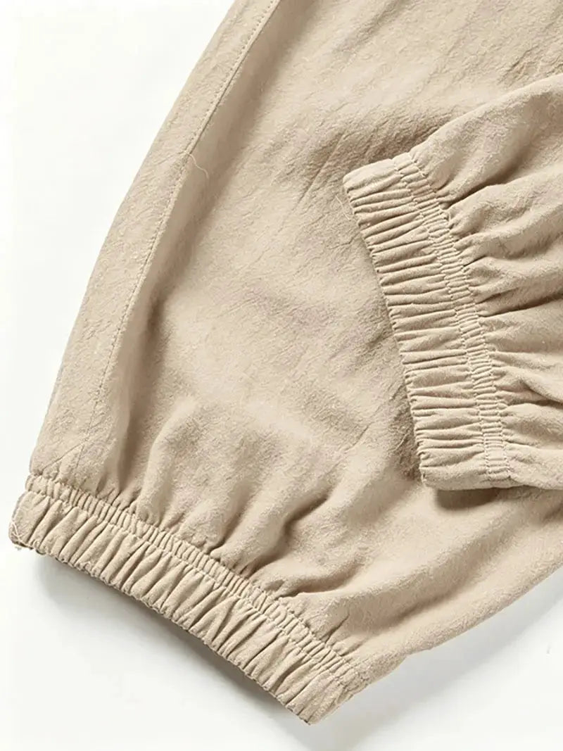 Men's cargo jogger pants in beige, cotton-linen blend, with elastic ankle cuffs