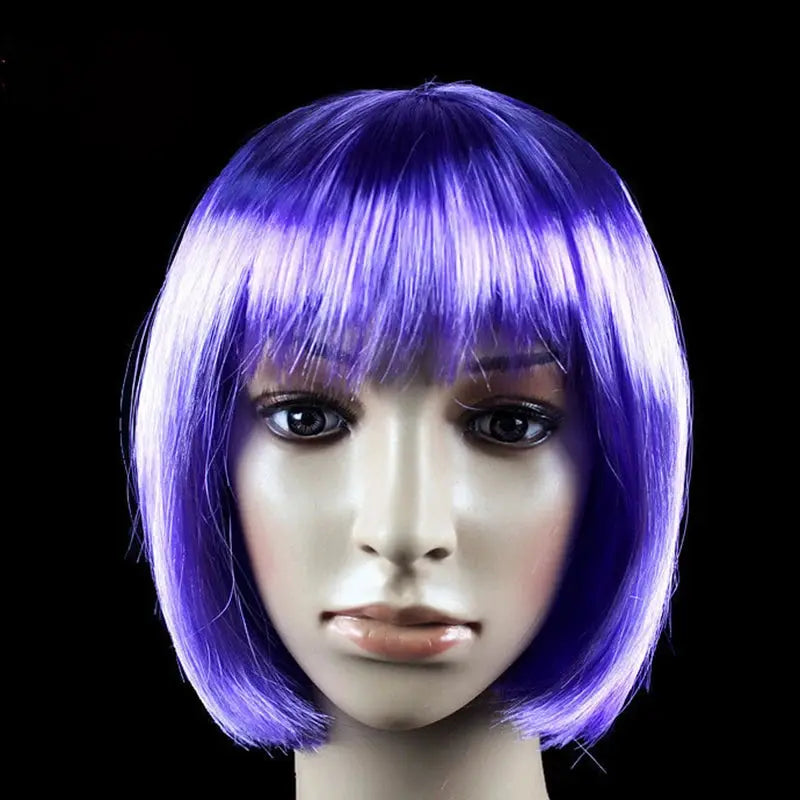 Purple short bob wig with bangs on mannequin head, synthetic cosplay hair.
