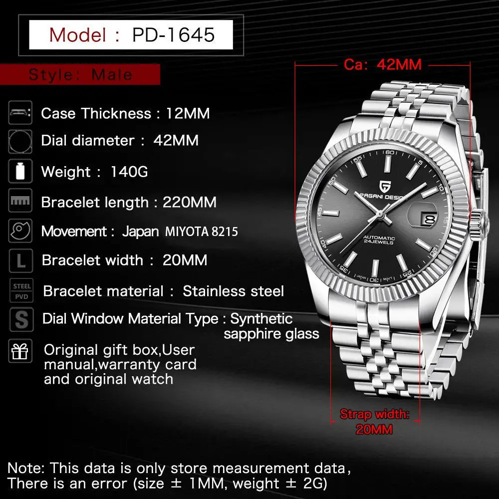 PAGANI DESIGN PD-1645 men's automatic watch with stainless steel Jubilee bracelet and black dial