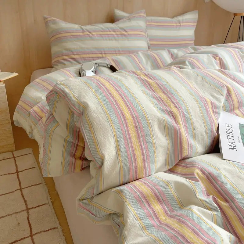 Striped duvet cover bedding set, 100% cotton with pillowcases in pastel colors