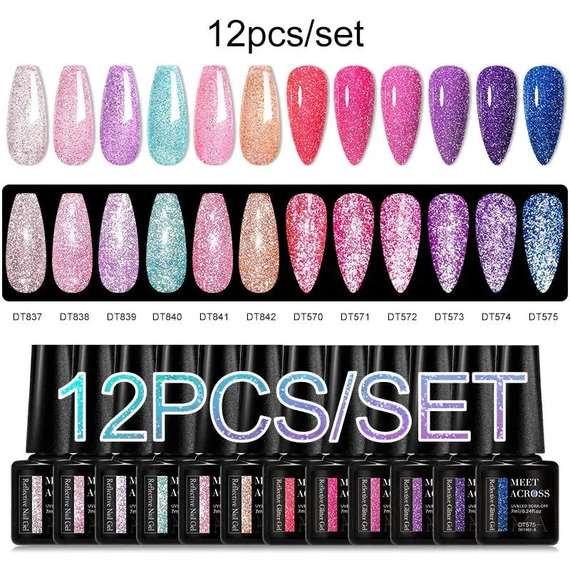 Meet Across 12pcs glitter gel nail polish set by Simples Market; pink glitter, blue macaron, and other glitter shades.