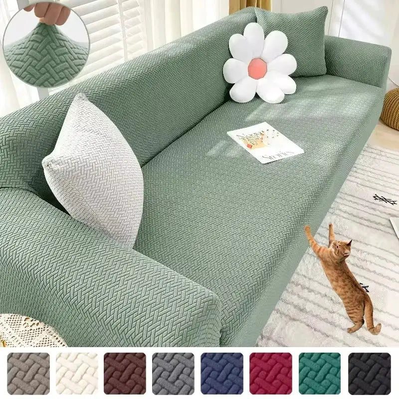 Jacquard sofa cover by Simples Market in green elastic thick textured fabric for L-shaped living room sofa.