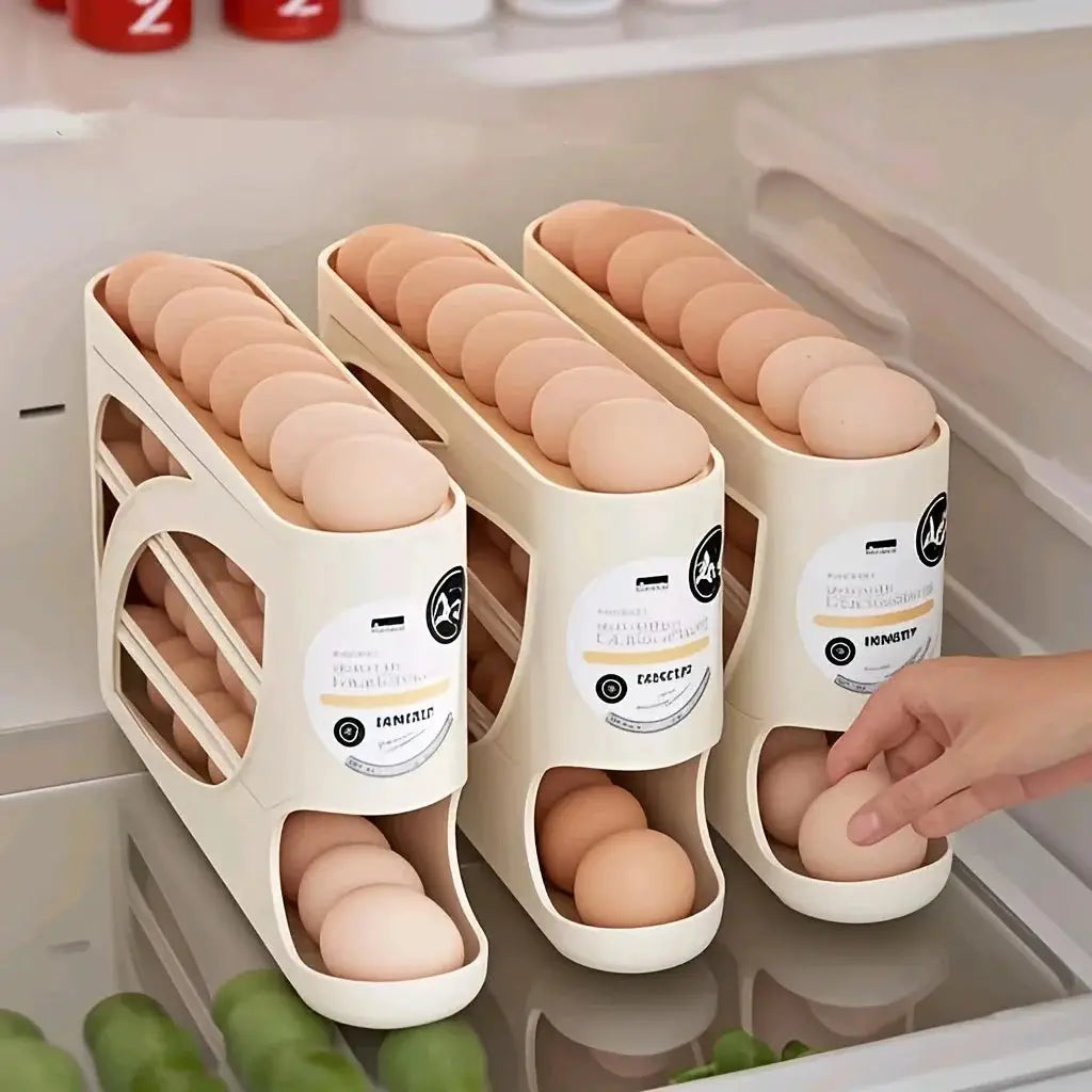 SmartShelf 3 Tier Rolling Egg Storage Container Holds 24 Eggs for Efficient Refrigerator Organization