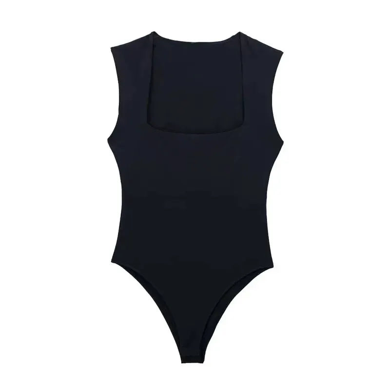 Mujer Black Square Neck Sleeveless Bodysuit Slim Fit Bodycon Lingerie Top For Summer