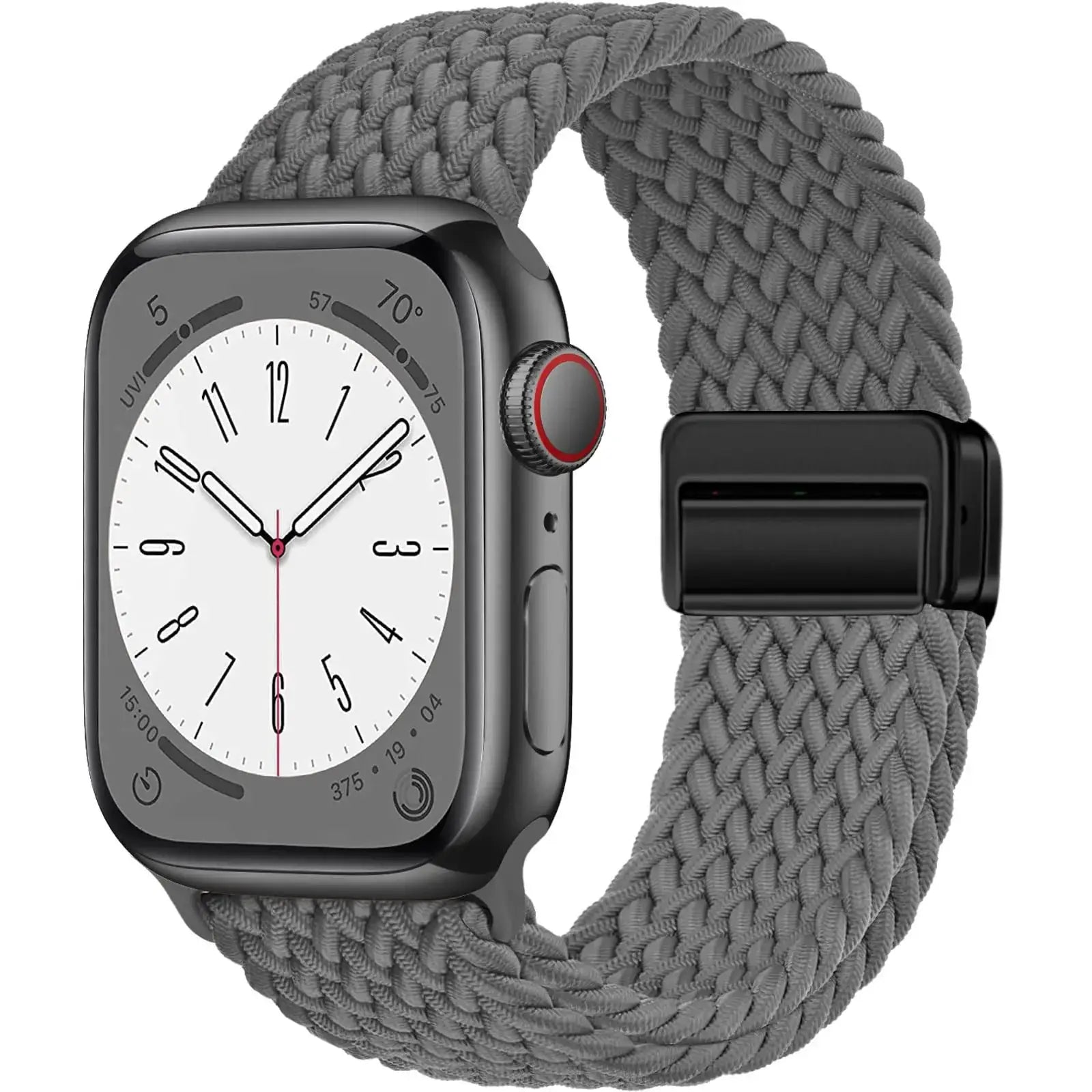 Braided Apple Watch band in gray nylon with magnetic buckle; fits 38–49mm watches.