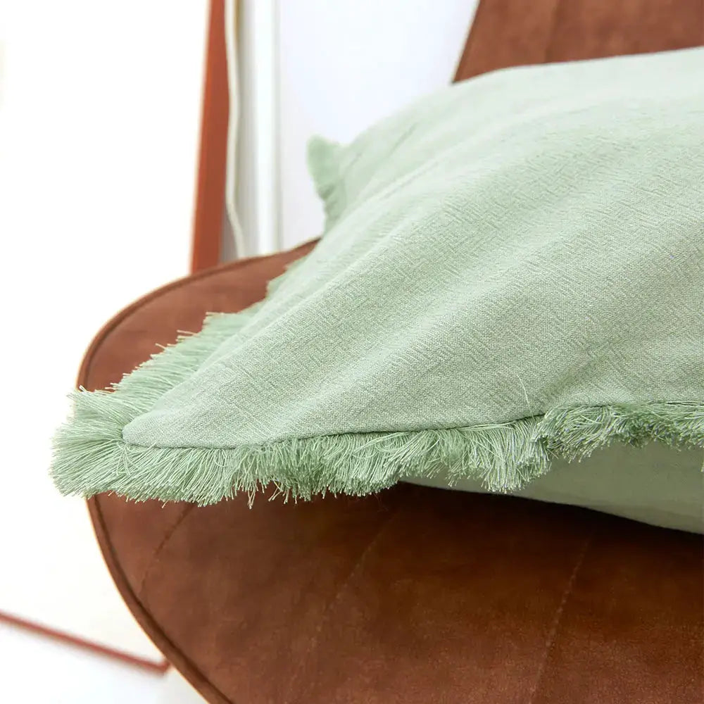Cushion cover with tassels in sage green, Nordic style square pillowcase.