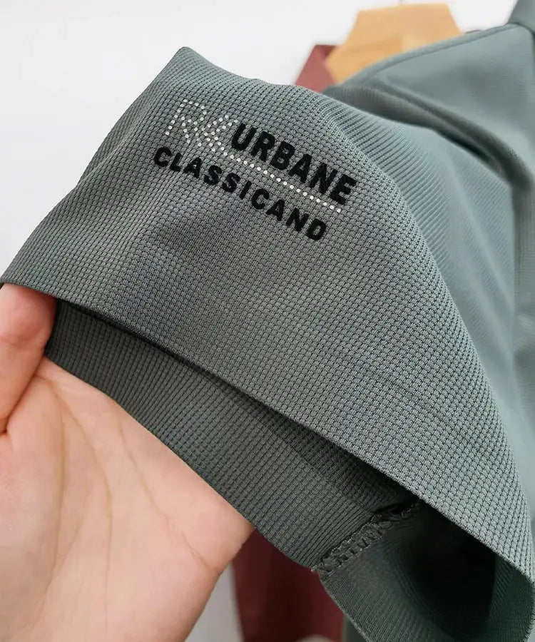 Polo shirt with Urbane Classic logo on gray-green ice-silk fabric, men's short-sleeve casual golf top