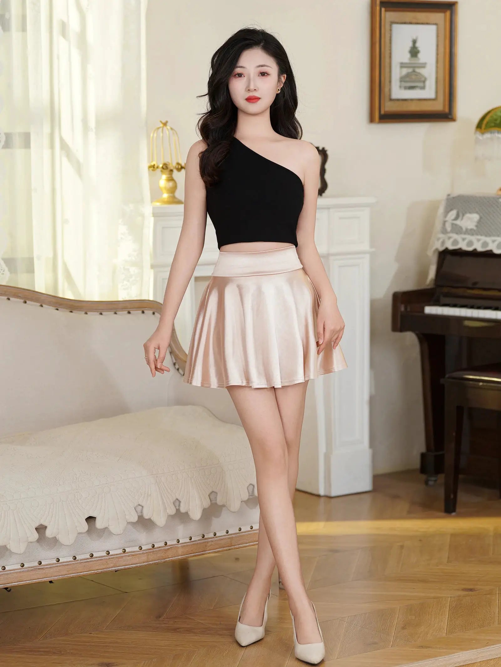 BABYONLINE Elegant Satin Skirt, blush pink high-waist flared mini with satin sheen by Simples Market brand